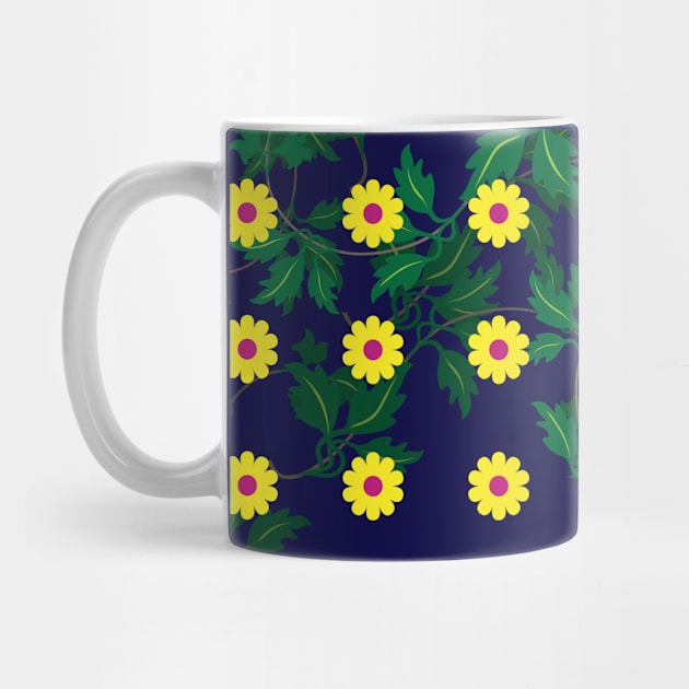 Yellow daisies with Cerise centres over layers of vine leaves on a Navy Blue background by sleepingdogprod